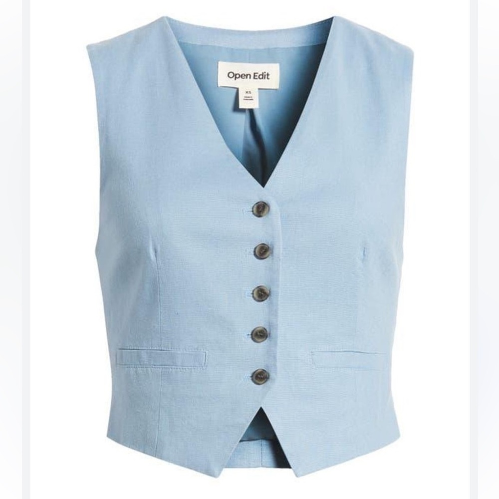 Open Edit Tailored Vest Blue Chambray Size Small - Picture 2 of 9